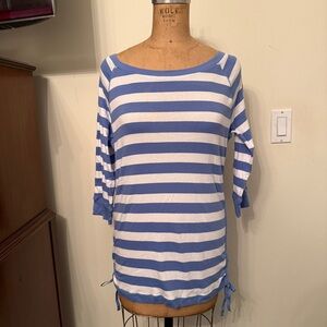 Lauren Ralph Lauren Light Blue and White 3/4 Sleeve Striped T-Shirt